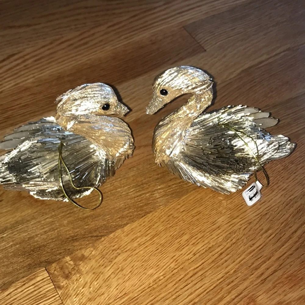 NWT Pair Anthropologie Gold Metallic Beaded Swan Ornaments